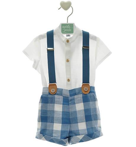 Conjunto niño camisa manga corta y pantalón tirantes a cuadros azul y blanco de Marta y Paula | Aiana Larocca