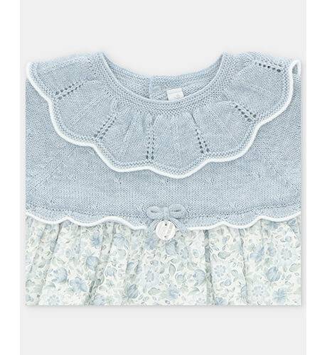 Vestido bebé punto azul grisáceo &amp; estampado florecitas de Martin Aranda | Aiana Larocca