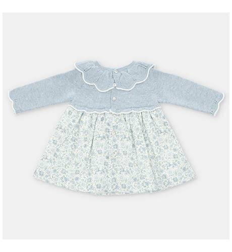 Vestido bebé punto azul grisáceo &amp; estampado florecitas de Martin Aranda | Aiana Larocca
