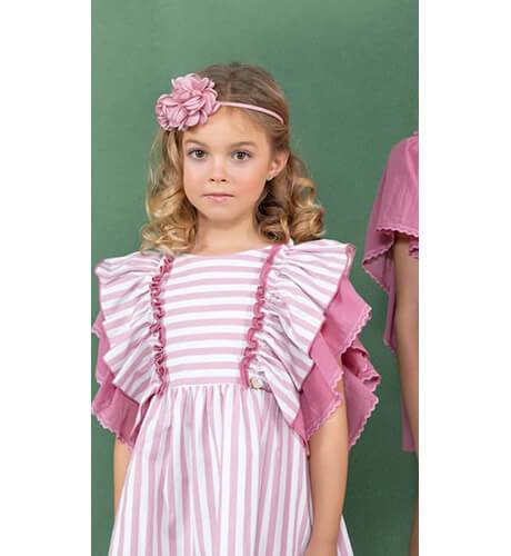 Vestido niña a rayas rosa con volantes laterales de Marta y Paula | Aiana Larocca