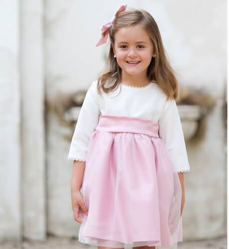 Vestido niña ceremonia rosa con tul perla y lazada | Aiana Larocca