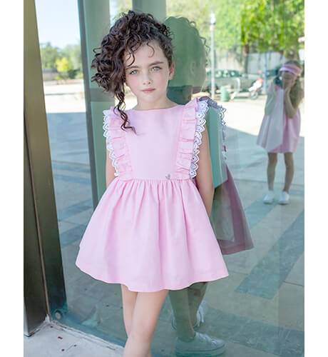 Vestido niña lino rosa volantes de Nekenia | Aiana Larocca