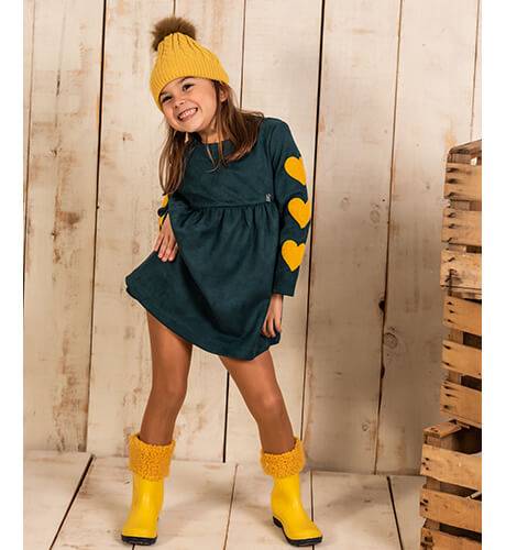 Vestido niña verde corazones mostaza de Vera by Nekenia | Aiana Larocca