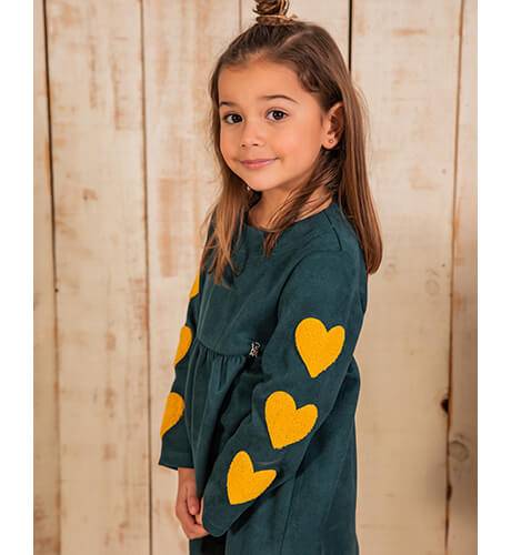 Vestido niña verde corazones mostaza de Vera by Nekenia | Aiana Larocca