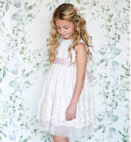 Vestido niña ceremonia lino con tul bordado dibujo | Aiana Larocca