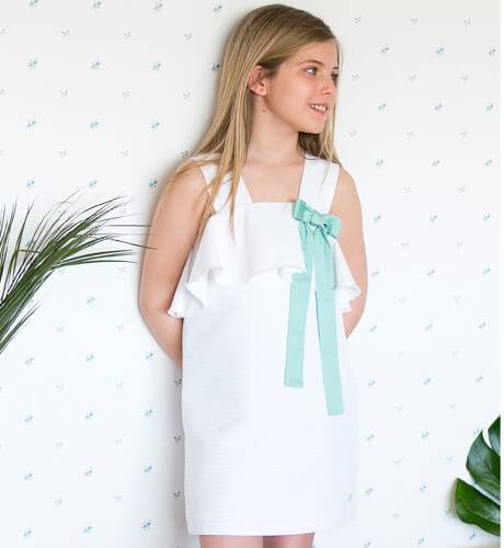 Vestido niña blanco volante lazo verde de Eve Children | Aiana Larocca