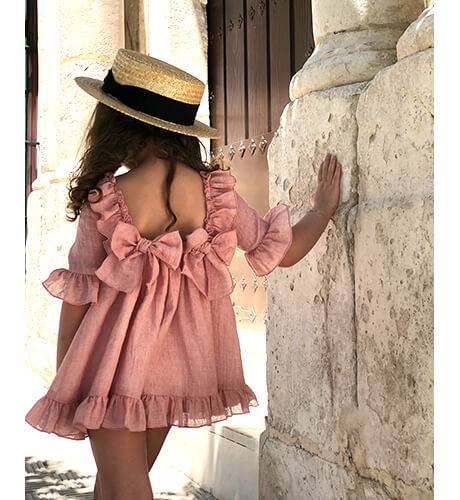 Vestido niña rosa mangas midi espalda abierta de la Peppa | Aiana Larocca