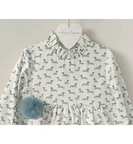 Vestido niña estampado perritos verde de Blanca Valiente | Aiana Larocca