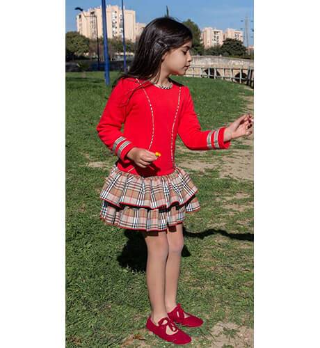 Vestido niña talle bajo cuerpo rojo &amp; falda tartán de Nekenia | Aiana Larocca
