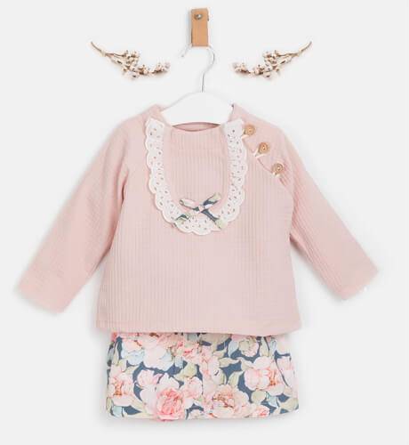 Conjunto niña sudadera rosa y faldita estampado floral de Valentina Bebés | Aiana Larocca