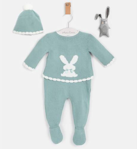 Conjunto bebé Conejo jersey y polaina verde empolvado de Valentina Bebés | Aiana Larocca