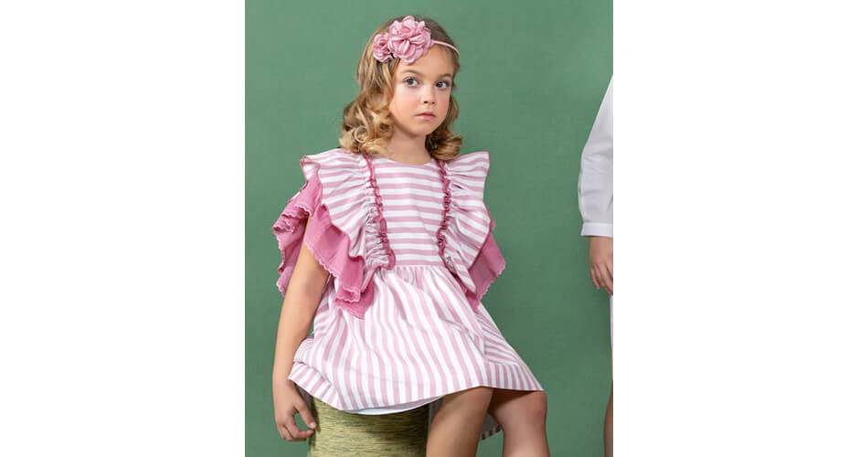 Vestido niña a rayas rosa con volantes laterales de Marta y Paula | Aiana Larocca